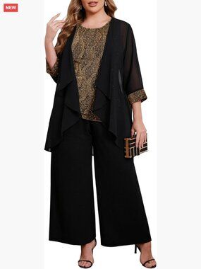 Plus Size 3 Piece Formal Pant Suit Sparkly Chiffon Jacket Set Wedding Outfit